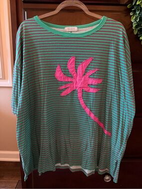 Women’s Striped Green & Pink Short Sleeve Tee with Palm Applique